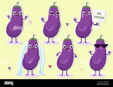 Vector Illustration Of Eggplant Character Stickers With Various Cute