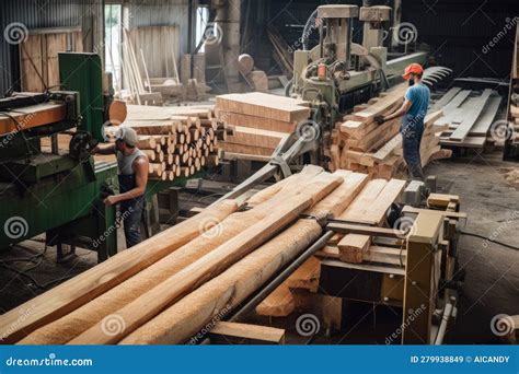 Sawmill With Workers Cutting Logs Into Lumber Supporting The