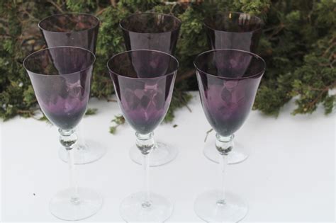 Vintage Hand Blown Glass Water Goblets Or Wine Glasses Clear Stems Amethyst Glass