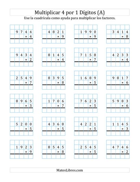 Multiplicación en Cuadrícula Cuatro Dígitos por Un Dígito Todas