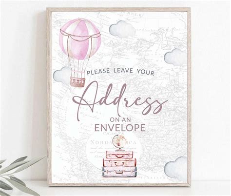 Printable Pink Hot Air Balloon Baby Shower Write Your Address Sign Travel Themed Baby Shower