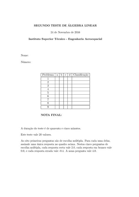 Prova 24 Novembro 2016 questões SEGUNDO TESTE DE ALGEBRA LINEAR 24