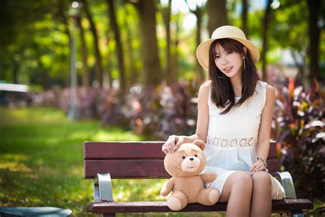 K Asian Teddy Bear Bokeh Bench Brunette Girl Sitting