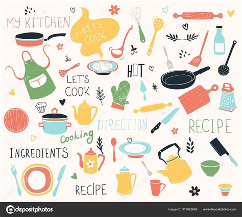 Kitchen Doodle Vector Icon Set For Modern Recipe Card Template Set For