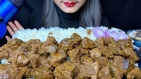 Asmr Eating Spicy Mutton Liver Curryrice And Lots Of Green Chilli