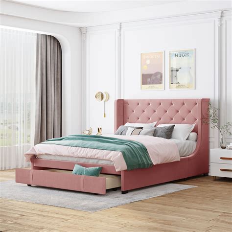 Queen Size Storage Bed Velvet Upholstered Platform Bed With Wingback