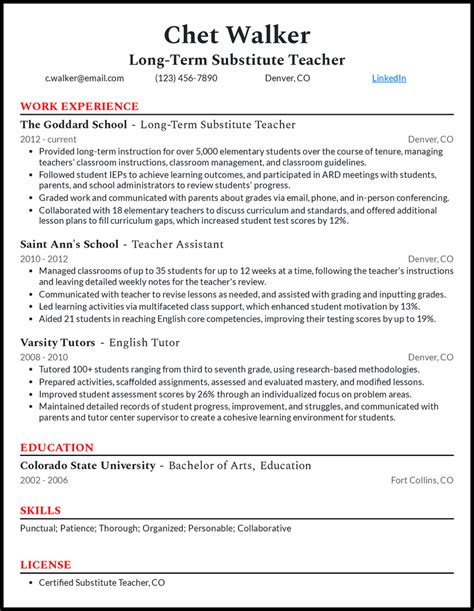 Substitute Teacher Resume Template Free Prntbl