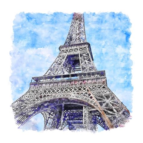 Torre eiffel parís francia acuarela dibujo dibujado a mano Vector Premium