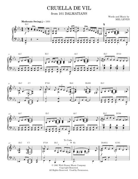 Play Official Version Of Cruella De Vil Jazz Version From 101 Dalmatians Sheet Music By