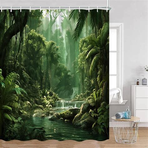 Tropical Jungle Landscape Shower Curtain Forest Palm Trees Vines Plant