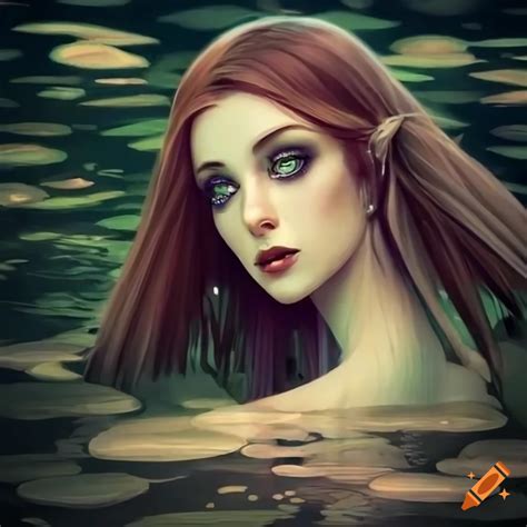 Fairytale Illustration Of A Woman In A Pond