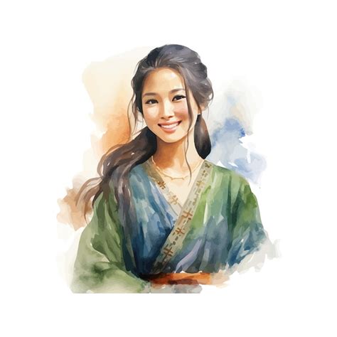 Watercolor Portrait Of Smiling Asian Woman Vector Illustration Design