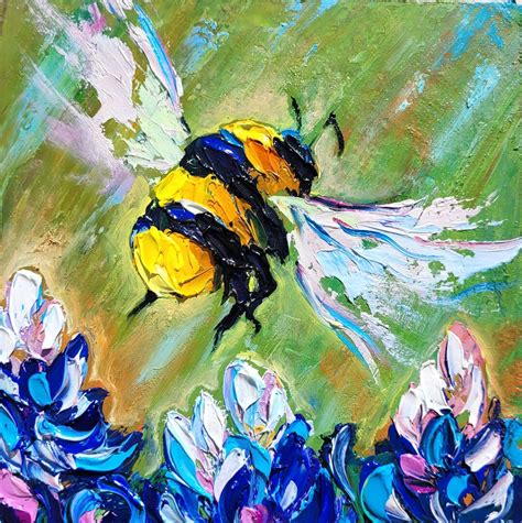 Bumble Bee Painting Bluebonnet Painting Original Impasto Oil Painting