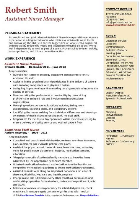 Assistant Nurse Manager Resume Samples Qwikresume