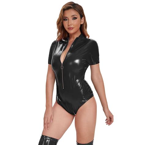 Women Shiny Leather Bodysuit Sexy Zipper Open Breast Exposed Glossy