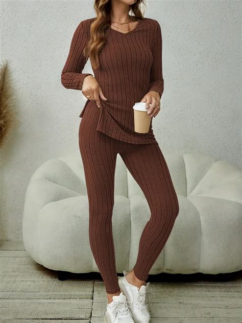 Casual Ribbed Knit Two Piece Set Long Sleeve V Neck Split Temu