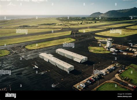 Aerial View Of The Runway And Plane Hangars Of Lihue Airport On Kauai