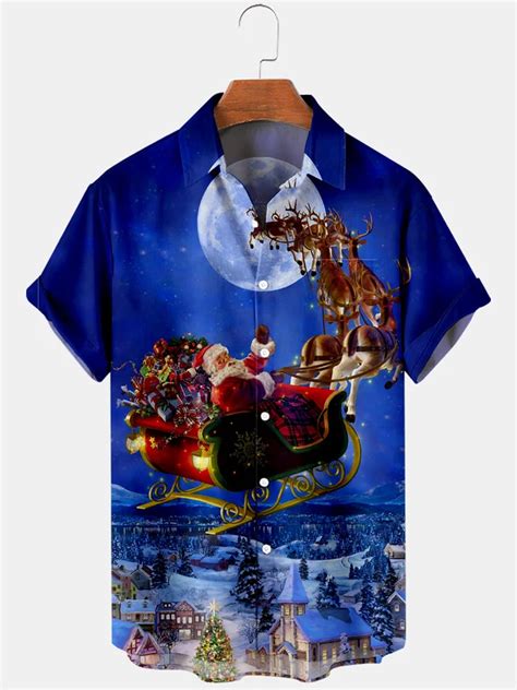 Mens Christmas Printed Casual Breathable Short Sleeve Shirts Joymitty