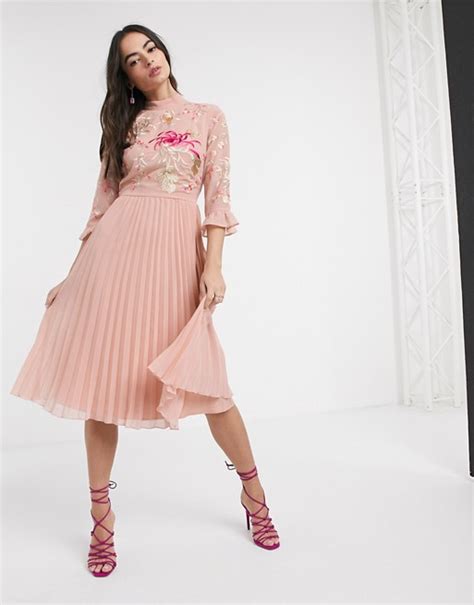 Asos Design Embroidered Pleated Midi Dress With Fluted Sleeve In Dusky Pink Asos Pleated