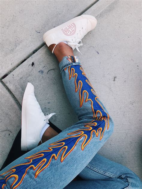 Embroidered Flame Jeans Painted Clothes Diy Denim Diy Painted Jeans