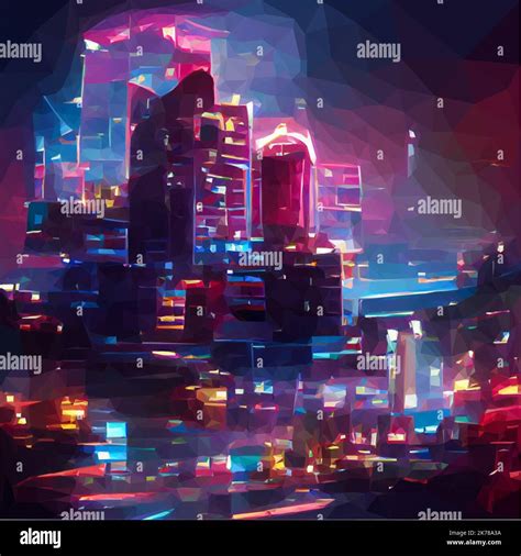 Fantasy City At Night Colourful Lights Bathe The Silhouettes Of