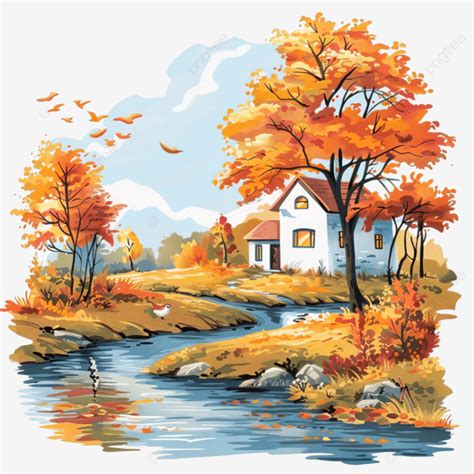 Autumn Landscape With House On The River Bank Natural Scenery In