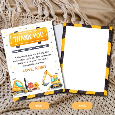 Editable Construction Birthday Thank You Card 3rd Birthday Thank You