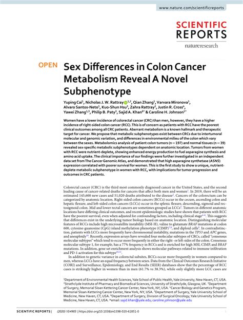 PDF Sex Differences In Colon Cancer Metabolism Reveal A Novel