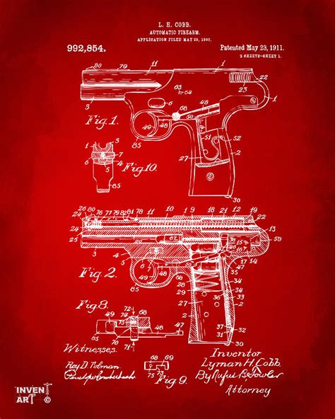 1911 Automatic Firearm Patent Artwork Red Digital Art By Nikki Marie