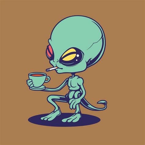 Premium Vector A Cute Alien Smocking Cigarette And Holding Hot Coffee Flat Vector