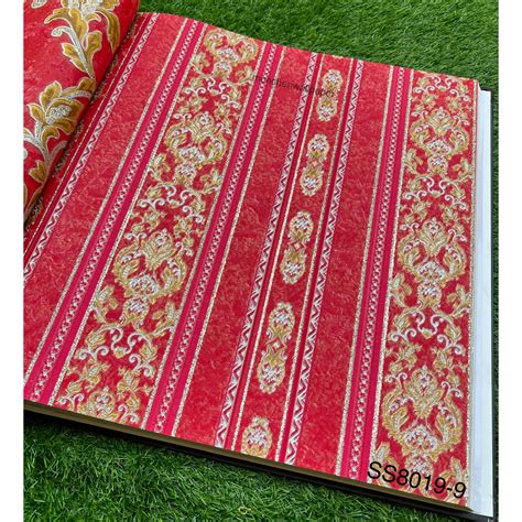 Jual Wallpaper Dinding Klasik Gold Cream Merah Metalik Bergliter Mewah