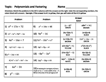 Polynomials And Factoring Review Color By Numbers Activity TPT