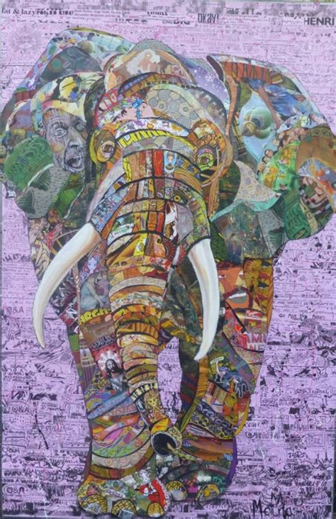 Large Original Signed Artwork With Elephant Collages And Acrylic Paint