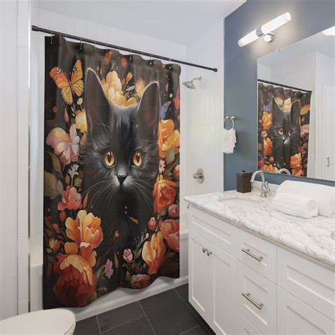 Cute Black Cat Shower Curtain Art Bathroom Curtain Black Cat Etsy