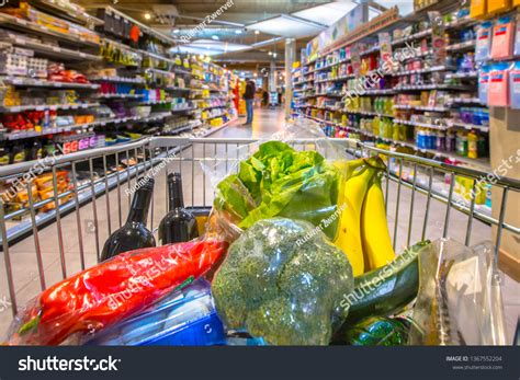 Grocery Cart Supermarket Filled Food Products Stock Photo