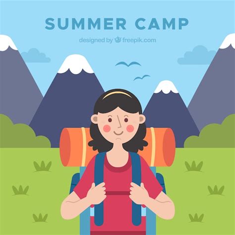 Fondo De Campamento De Verano Con Chica Y Su Mochila Vector Gratis