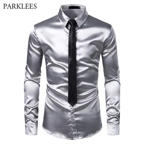 2 Pièces Chemise En Soie Argentée Cravate Pour Hommes Chemises De Smoking En Satin Lisse