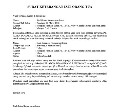 5 Contoh Surat Izin Orang Tua Untuk Bekerja Kredit Pintar