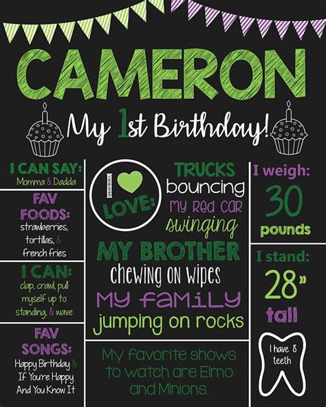 1st Birthday Chalkboard Sign- Green - Purple - Printable Poster ...