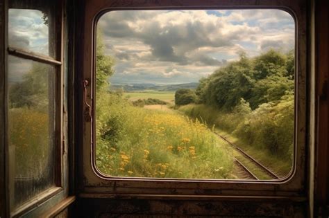 Vista de ventana de tren rústico con campo de paso creado con ai