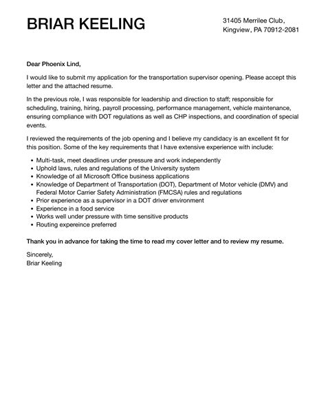 Transportation Supervisor Cover Letter Velvet Jobs