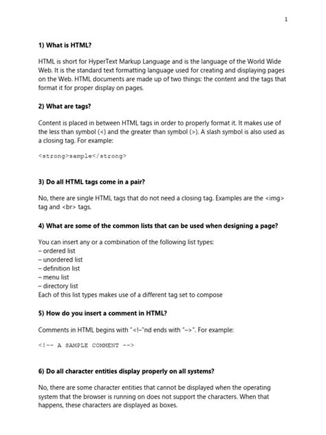 Short Questions Answers Html Pdf Html Element Html