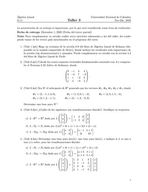 Taller 3 Álgebra Lineal ALGEBRA LINEAL UNAL Studocu