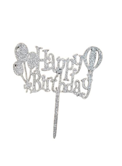 Topper Pentru Tort Happy Birthday Argintiu Cu Sclipici Rigolo Boutique