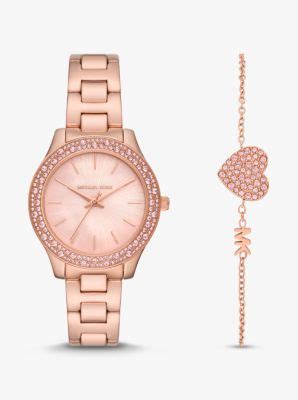 Liliane Pav Rose Gold Tone Watch And Bracelet Gift Set Michael Kors