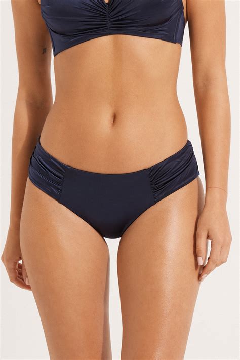 Bikini Gaćice Visokog Struka s Naborom Shiny Morsko Plava Klasične gaćice Women Tezenis