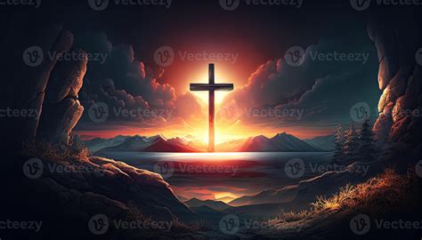 Religion landscape background, christian cross on nature backdrop