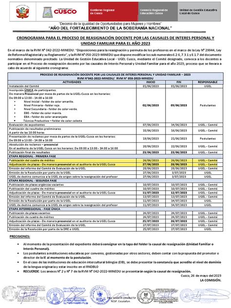 Cronograma Para El Proceso De Reasignacion Docente Por Las Causales De Interes Personal Y Unidad