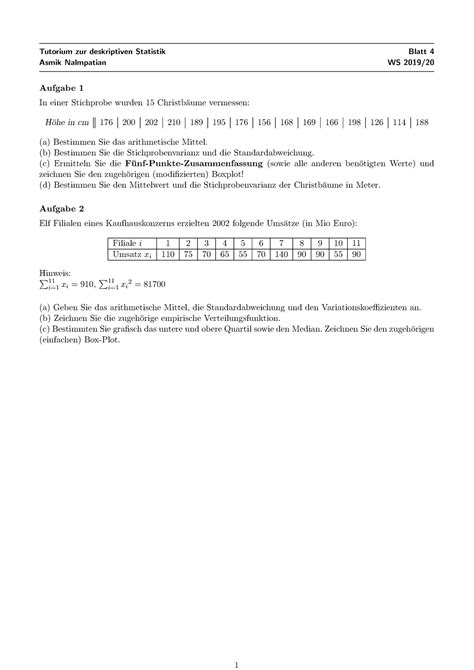 Tutorium Blatt Wintersemester Tutorium Zur Deskriptiven Statistik