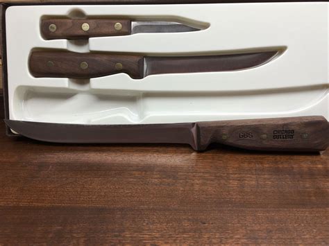 Vintage Chicago Cutlery 3pc Knife Set Walnut Wood 100S 61S 66S Open Box